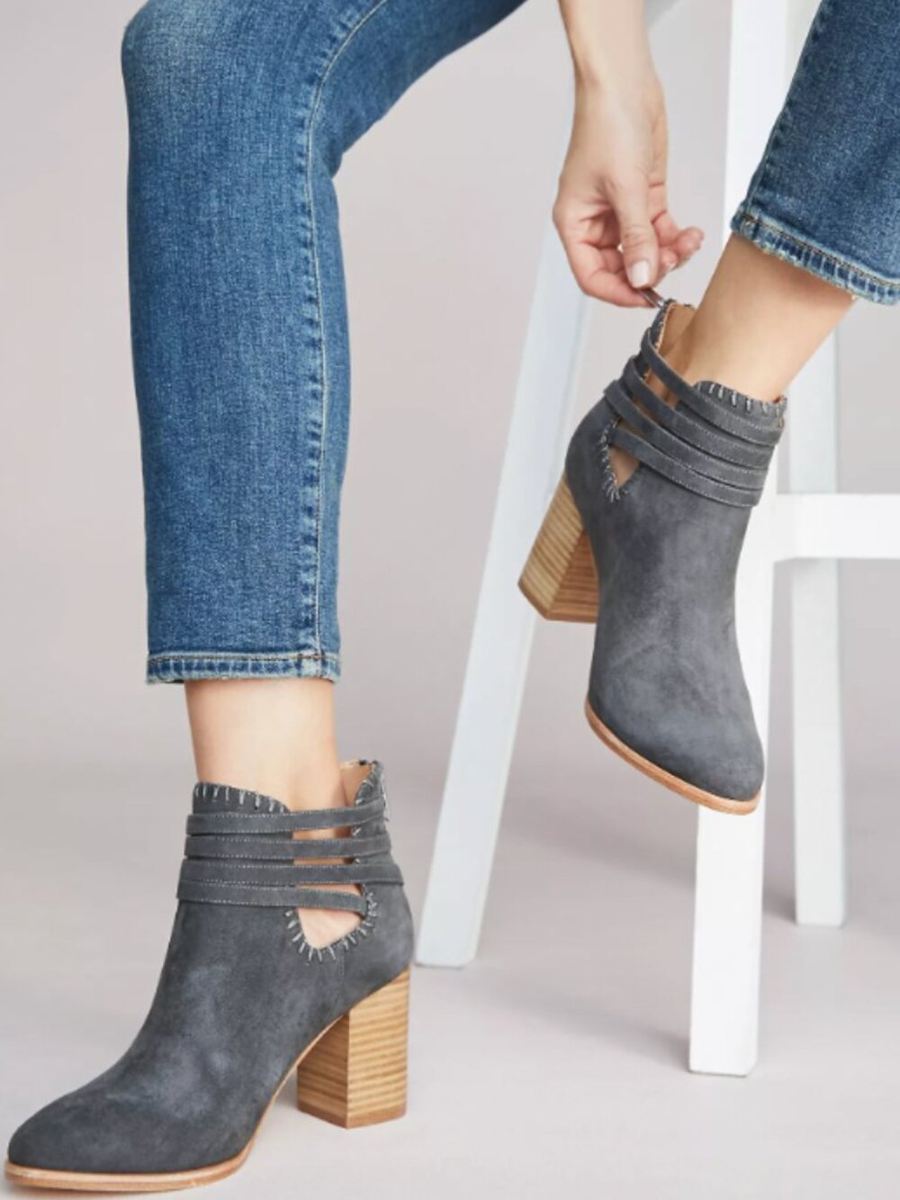 Anthropologie Wrapped Strap‎ Booties Women's 9.5 Grey Suede Leather Zip Up